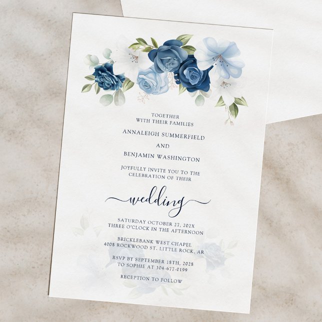 Elegant Watercolor Blommigt Bröllop Inbjudningar (Floral Dusty Blue Bloom Script Wedding Invitation)