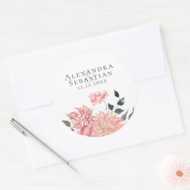 Elegant Watercolor Blommigt Bröllop spara datum Runt Klistermärke