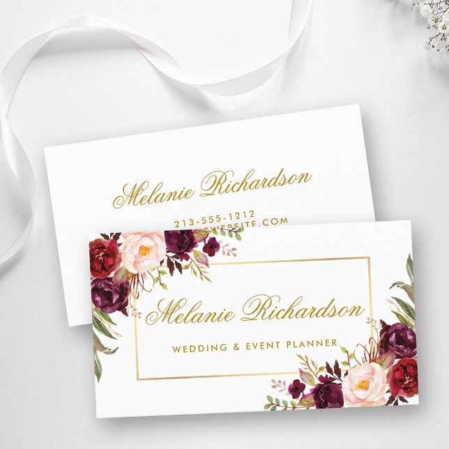 Elegant Watercolor Blommigt Burgundy Marsala Guld Visitkort (Customize to change text size, color or text style.)