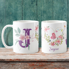Elegant Watercolor Blommigt Butterfly Monogram J Kaffemugg