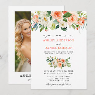 Elegant Watercolor Blommigt Coral Photo Bröllop Inbjudningar
