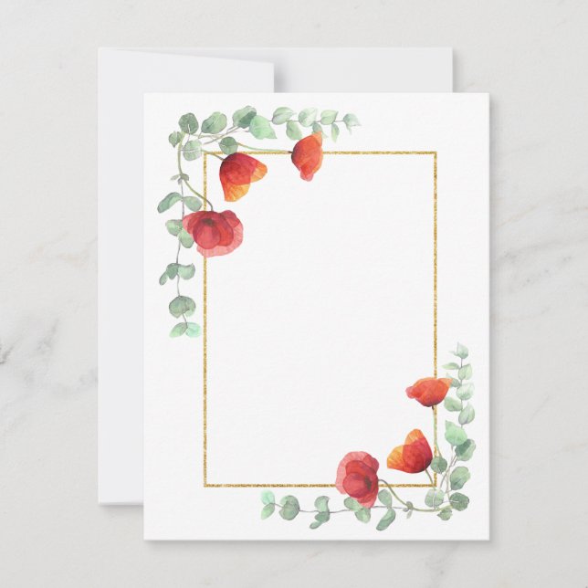 Elegant Watercolor Blommigt Gräns Poppy Stationery Anteckningskort (Framsida)