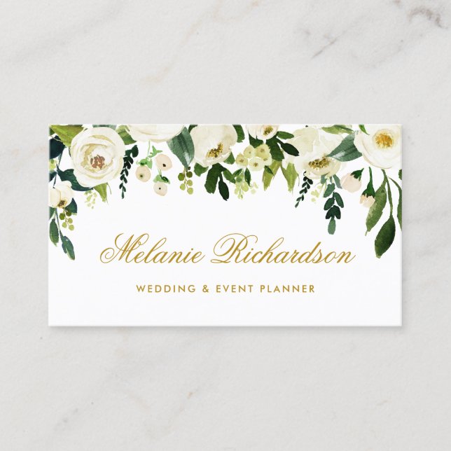 Elegant Watercolor Blommigt Grönt Guld Visitkort (Framsida)