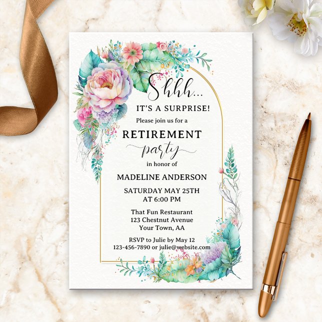 Elegant Watercolor Blommigt Guld Pension Inbjudningar (Retirement party invitation featuring an elegant design with colorful watercolor flowers on gold)
