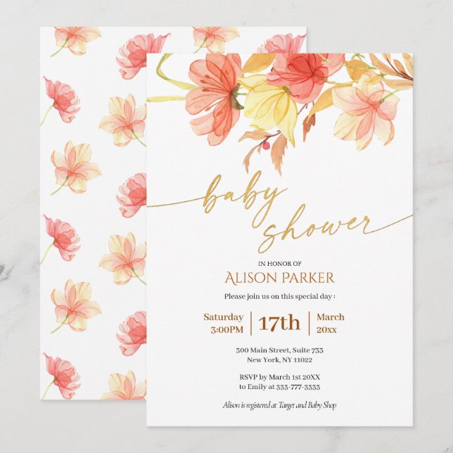 Elegant Watercolor Blommigt Guld Script Baby Showe Inbjudningar (Fram/baksida)