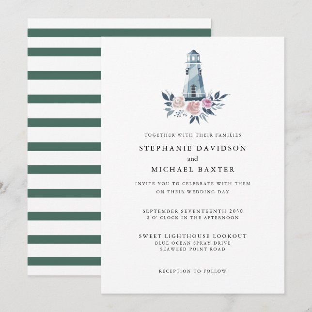 Elegant Watercolor Blommigt Lighthouse Nautical Inbjudningar (Fram/baksida)