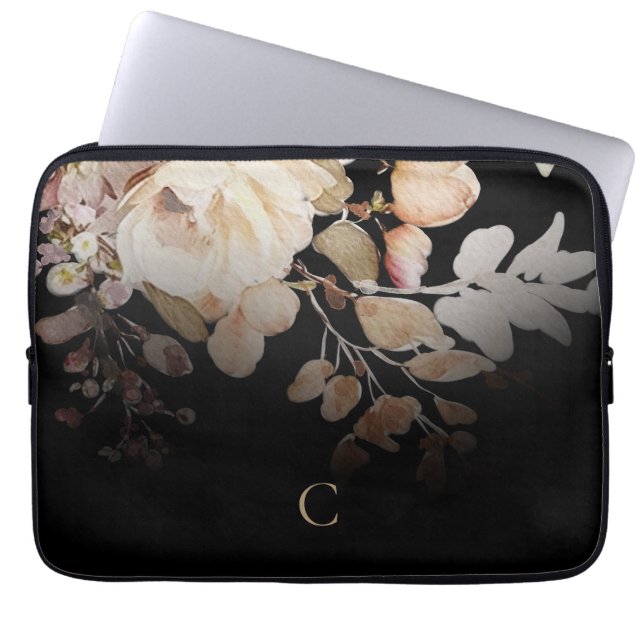 Elegant Watercolor Blommigt Monogram Black Laptop Fodral (Framsidan)