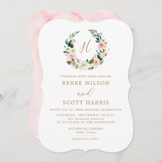 Elegant  Watercolor Blommigt Monogram Bröllop Inbjudningar (Fram/baksida)