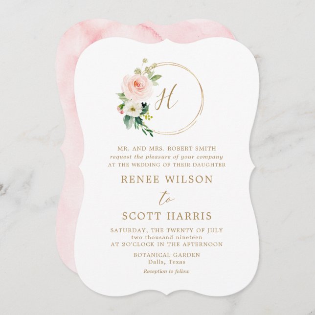 Elegant  Watercolor Blommigt Monogram Bröllop Inbjudningar (Fram/baksida)
