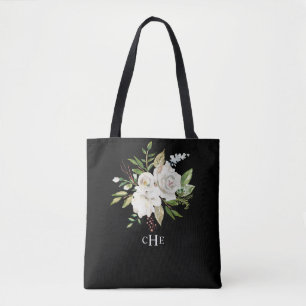 Elegant Watercolor Blommigt Monogram på Black Tygkasse