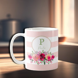 Elegant Watercolor Blommigt Monogram på Rosa Rand Kaffemugg
