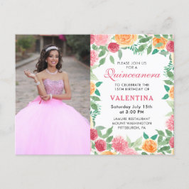 Elegant Watercolor Blommigt Photo Quinceanera Invi Inbjudan Vykort