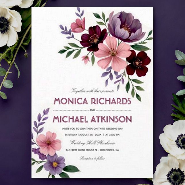 Elegant Watercolor Blommigt Plum Burgundy Bröllop Inbjudningar (Skapare uppladdad)