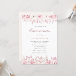 Elegant  Watercolor Blommigt Ro Quinceanera Inbjudningar