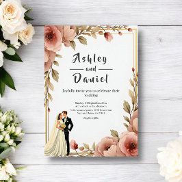 Elegant Watercolor Blommigt Romantic Couple Bröllo Inbjudningar