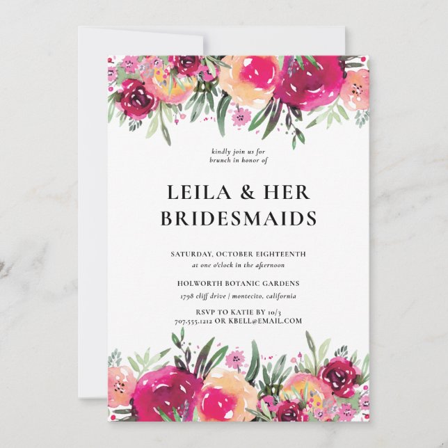 Elegant Watercolor Blommigt Rosa Bridesmaids Brunc Inbjudningar (Framsida)