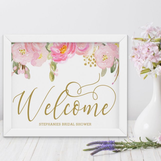 Elegant Watercolor Blommigt Rosa Guld Välkomstskyl Poster (Welcome Sign from my Pink and Gold Watercolor Floral Collection)