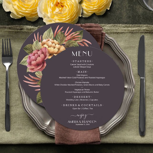 Elegant Watercolor Blommigt Round Bröllop Meny (Elegant moody dramatic watercolor floral round 2-sided wedding menu)