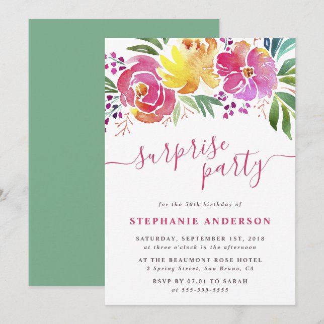 Elegant Watercolor Blommigt Surprise Party Inbjuda Inbjudningar (Fram/baksida)