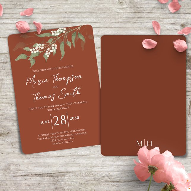 Elegant Watercolor Blommigt White Terracotta Flowe Inbjudningar (Terracotta elegant wedding invitation with watercolor greenery and foliage. )