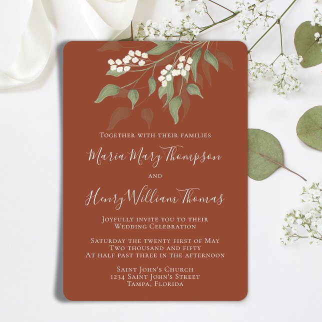 Elegant Watercolor Blommigt White Terracotta Flowe Inbjudningar (Terracotta elegant wedding invitation with watercolor greenery and foliage. )