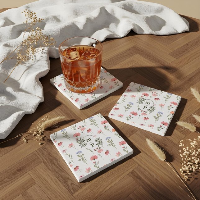 Elegant Watercolor Blommigt Wildblomma Monogram Stenunderlägg (Elegant Watercolor Floral Wildflower Monogram Stone Coaster)