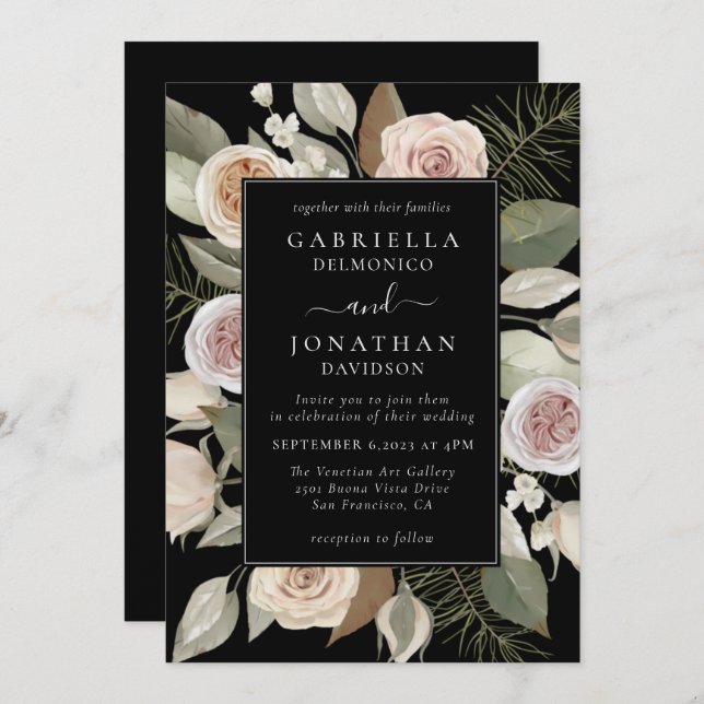 Elegant Watercolor Blommigt Winter Wedding Inbjudningar (Fram/baksida)