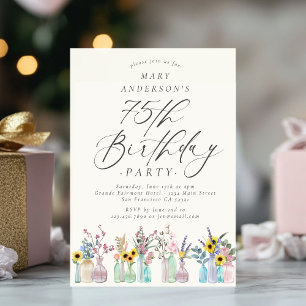 Elegant Watercolor Blommigts 75:e Födelsedagsfest Inbjudningar