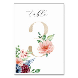 Elegant Watercolor Blommigts Faux Guld Bröllop 3 Bordsnummer