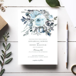 Elegant Watercolor Blue Blommigt Greenery Bröllop Inbjudningar