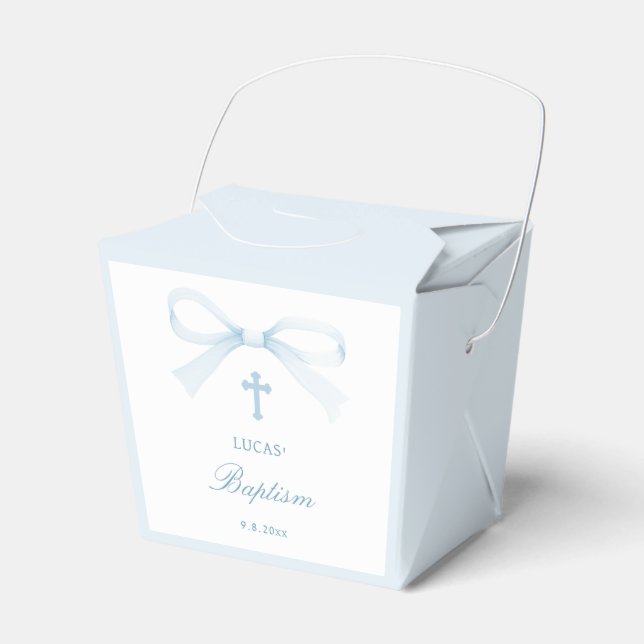 Elegant Watercolor Blue Bow Baptism Take Out Presentaskar (Framsidan Sidan)