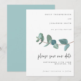 Elegant Watercolor Blue Eucalyptus Script Bröllop Spara Datumet