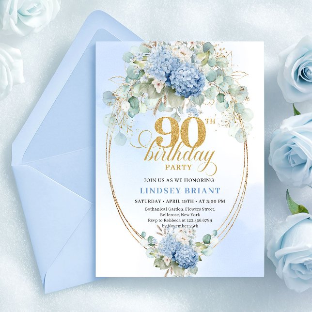 Elegant Watercolor Blue Hydrangeas 90th Birthday Inbjudningar (Elegant Watercolor Blue Hydrangeas 90th Birthday)