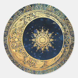 Elegant Watercolor Blue och Guld Mandala Sol Stars Runt Klistermärke