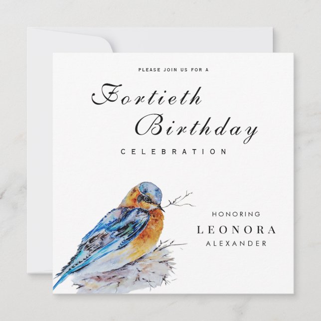 Elegant Watercolor Bluebird Milestone Birthday Inbjudningar (Framsida)
