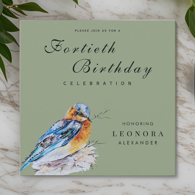 Elegant Watercolor Bluebird Milestone Birthday Inbjudningar (Skapare uppladdad)