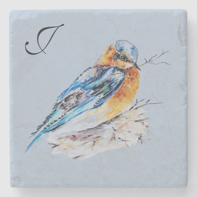 Elegant Watercolor Bluebird Monogram Stenunderlägg (Framsidan)