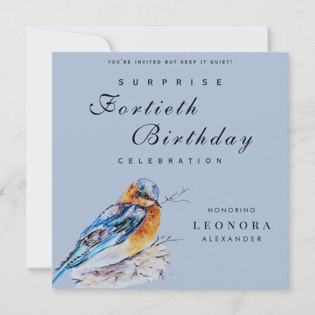 Elegant Watercolor Bluebird Surprise Birthday Inbjudningar (Framsida)
