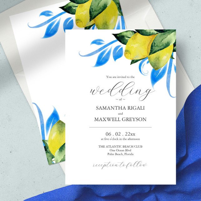 Elegant Watercolor Botanical Lemon Mediterranean Inbjudningar (Italian wedding invitation yellow and blue watercolor lemons)
