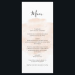 Elegant Watercolor Bröllop Meny<br><div class="desc">Den här designen har en stänk i vattenfärgen elegant peach. Den här enkla utformningen utnyttjar den naturliga vattenfärgens stänk-penseldrag för att framhäva texten. Datumet i bröllop är skrivet i svartvitt. Kombinationen av persiko- och svartvit färg skapar ett sofistikerat trendig och chic stil. Menykort för elegant bröllop med modernt inslag. Den...</div>