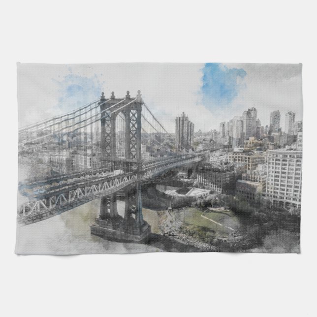 Elegant Watercolor Brooklyn Bridge Kitchen Towels Kökshandduk (Horisontell)