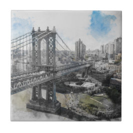 Elegant Watercolor Brooklyn Bridge NYC Kakelplatta
