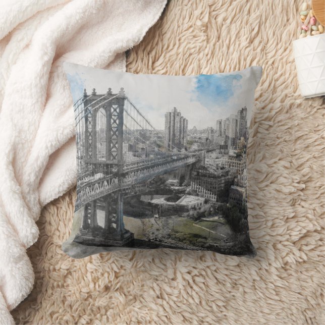 Elegant Watercolor Brooklyn Bridge NYC Kudde (Filt)