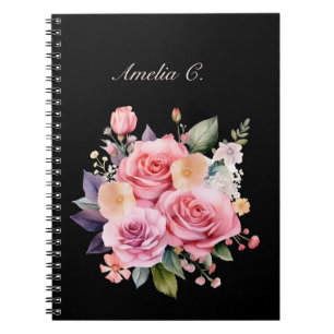 Elegant Watercolor Bukett med rosor Black Notebook Anteckningsbok