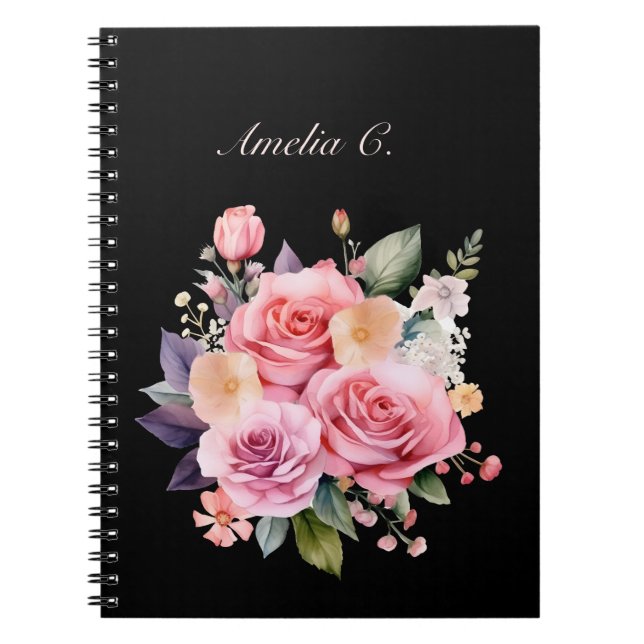 Elegant Watercolor Bukett med rosor Black Notebook Anteckningsbok (Framsidan)