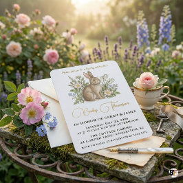 Elegant Watercolor Bunny and Wildflower Garden Bab Inbjudningar
