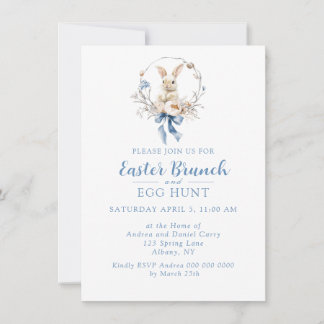 Elegant Watercolor Bunny Blue Bow Easter Brunch Inbjudningar
