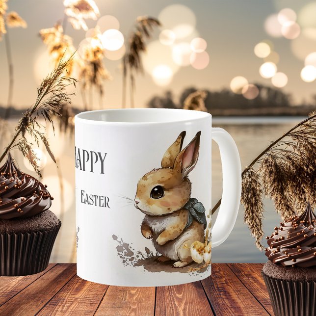 Elegant Watercolor Bunny Glad påsk Kaffemugg (Classic mug featuring a watercolor painting of an Easter bunny with baby birds)