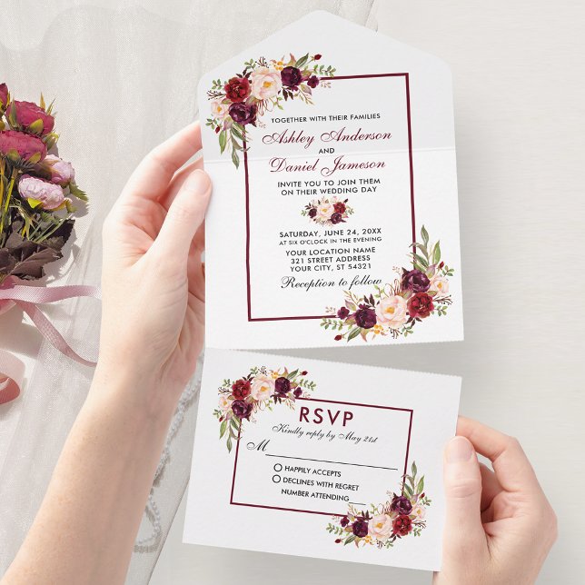 Elegant Watercolor Burgundy Blommigt Bröllop (All In One Wedding Invitation with tear off RSVP Card.)