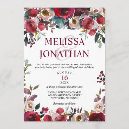 Elegant Watercolor Burgundy Blommigt Bröllop Inbjudningar